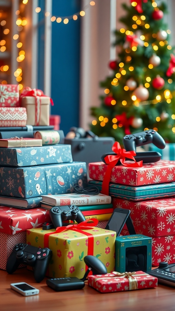 A collection of Christmas gifts for a teenage boy, including gaming gear, books, and sports equipment, surrounded by holiday decorations.